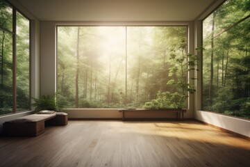 minimalist room, with view of lush greenery and sunlight streaming in through the windows, created with generative ai