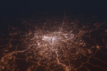 Aerial shot of Pyongyang (North Korea) at night, view from north. Imitation of satellite view on modern city with street lights and glow effect. 3d render