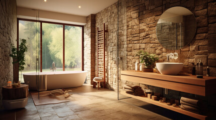 Richly toned bathroom with stone, glass and sauna. Generative Ai