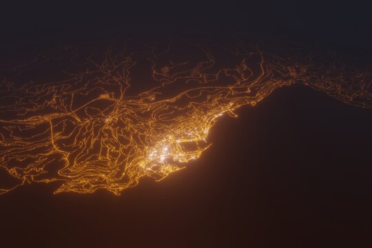 Aerial shot of Monaco at night, view from south. Imitation of satellite view on modern city with street lights and glow effect. 3d render