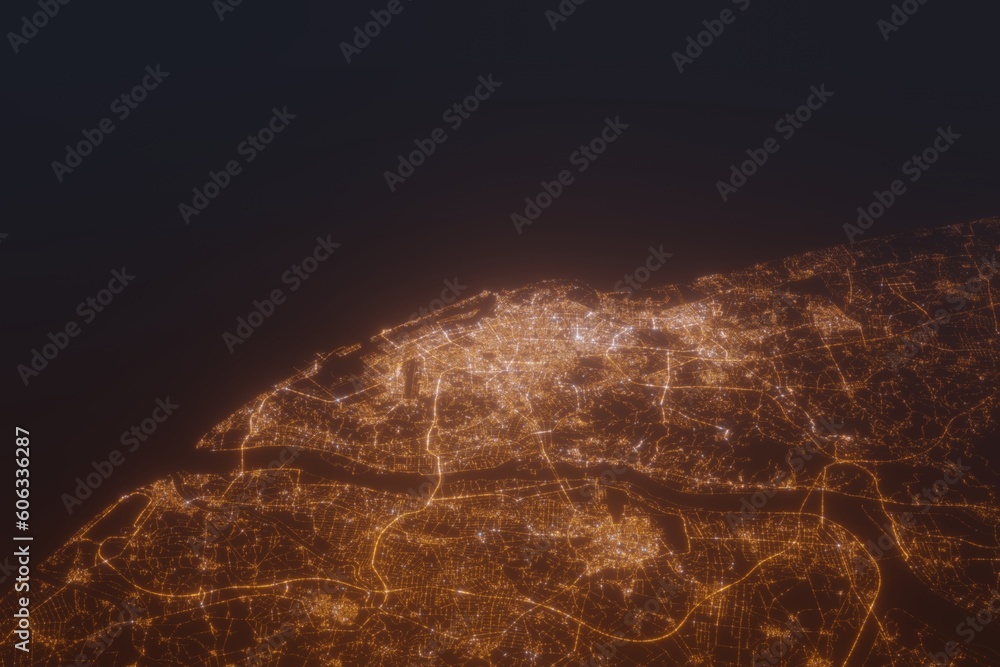 Wall mural aerial shot on kaohsiung (taiwan) at night, view from east. imitation of satellite view on modern ci