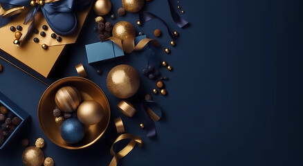 blue and gold christmas decor with colorful decorations on blue background