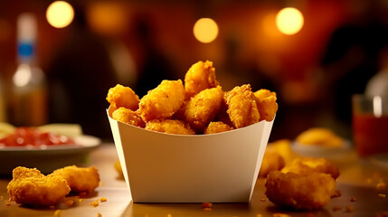 Southern fried popcorn chicken pieces in low height takeaway box placed in a table,Generative AI