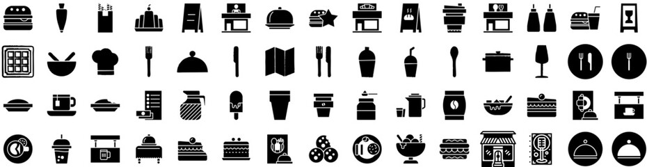 Set Of Restaurant Icons Isolated Silhouette Solid Icon With Meal, Table, Food, People, Cafe, Business, Restaurant Infographic Simple Vector Illustration Logo