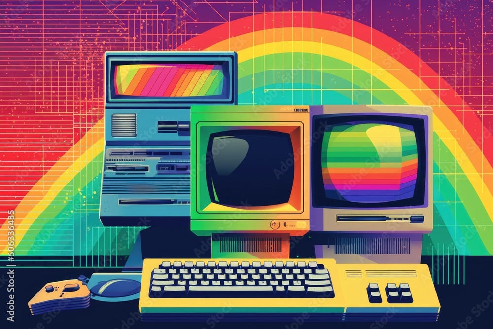 Fototapete retro poster with retro computer graphic and rainbow patterns, created with generative ai