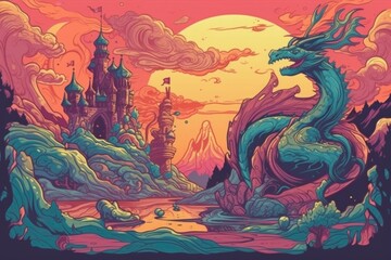 retro psychedelic poster depicting fantasy landscape with castles and dragons, created with generative ai
