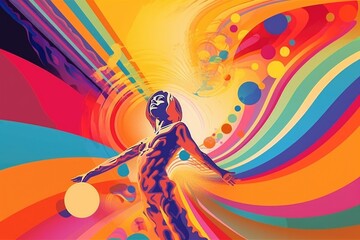 retro and vintage poster with psychedelic person, floating in colorful environment, created with generative ai