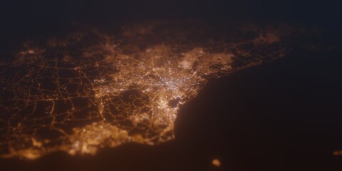 Street lights map of Cardiff (UK) with tilt-shift effect, view from south. Imitation of macro shot with blurred background. 3d render, selective focus