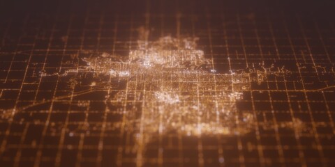 Street lights map of Fargo (North Dakota, USA) with tilt-shift effect, view from west. Imitation of macro shot with blurred background. 3d render, selective focus