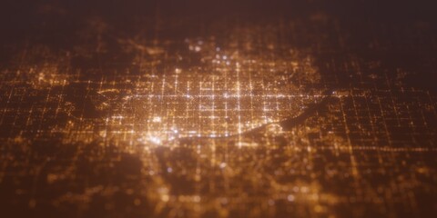 Street lights map of Tulsa (Oklahoma, USA) with tilt-shift effect, view from west. Imitation of macro shot with blurred background. 3d render, selective focus