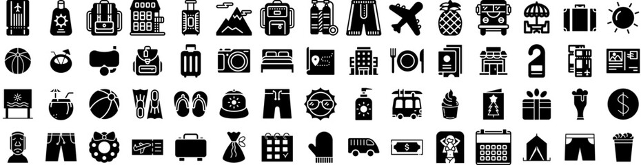 Set Of Holiday Icons Isolated Silhouette Solid Icon With Merry, Decoration, Holiday, Card, Christmas, Winter, Happy Infographic Simple Vector Illustration Logo