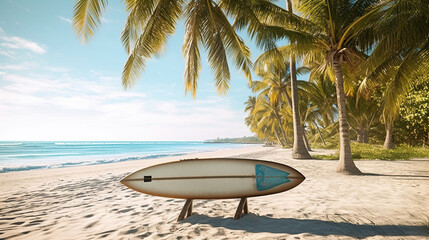 Surfboard and palm tree on beach with beach sign for surfing area. Travel adventure and water sport. relaxation and summer vacation concept. Generative Ai