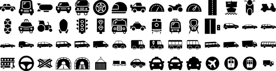 Set Of Transportation Icons Isolated Silhouette Solid Icon With Ship, Traffic, Cargo, Transportation, Transport, Truck, Plane Infographic Simple Vector Illustration Logo