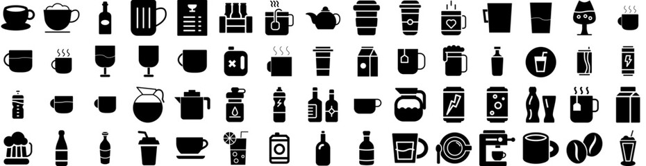 Set Of Beverage Icons Isolated Silhouette Solid Icon With Beverage, Fruit, Glass, Juice, Food, Cocktail, Drink Infographic Simple Vector Illustration Logo