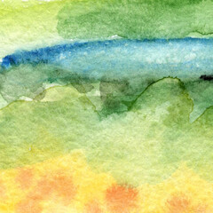 Hand Drawn Square Watercolor Landscape.