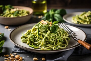 plate of zucchini pasta with creamy pesto and pine nuts, created with generative ai