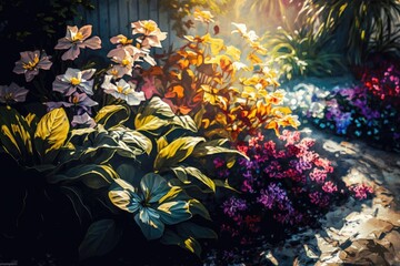 Fototapeta na wymiar close-up of colorful flowerbed, with sunlight shining through, created with generative ai