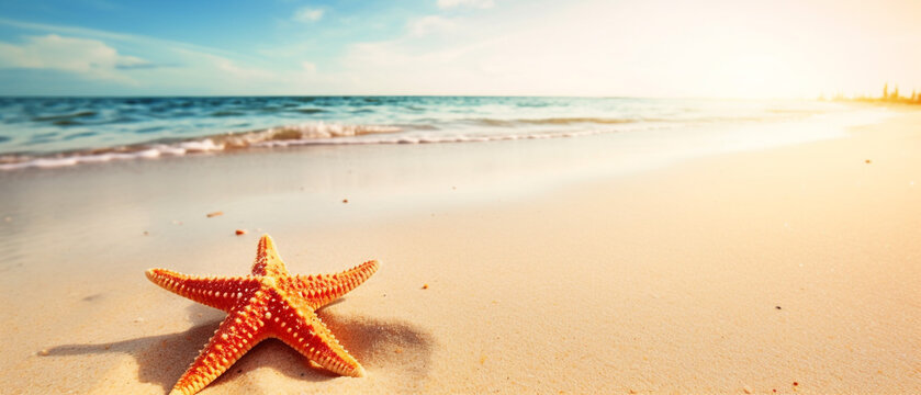 Tropical beach with sea star on sand 