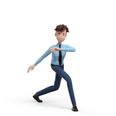 3D business man dancing. Portrait of a funny cartoon guy in a shirt and tie. Character manager, director, agent, realtor. 3D illustration on white background.