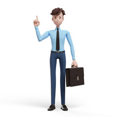 3D business man with a briefcase raised his index finger. Portrait of a funny cartoon guy in a shirt and tie. Character manager, director, agent, realtor. 3D illustration on white background.
