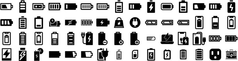 Set Of Charge Icons Isolated Silhouette Solid Icon With Electric, Vehicle, Power, Battery, Energy, Charger, Technology Infographic Simple Vector Illustration Logo