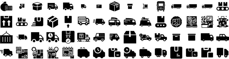Set Of Delivery Icons Isolated Silhouette Solid Icon With Shipping, Transport, Fast, Service, Order, Courier, Delivery Infographic Simple Vector Illustration Logo