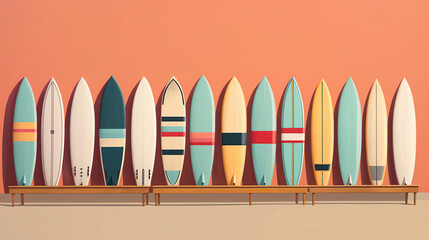 Collection vintage wooden surfboard, retro styles. Generative Ai