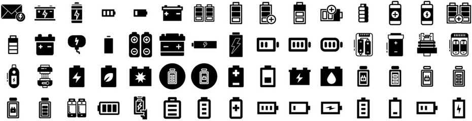 Set Of Battery Icons Isolated Silhouette Solid Icon With Energy, Battery, Electricity, Technology, Electric, Industry, Power Infographic Simple Vector Illustration Logo
