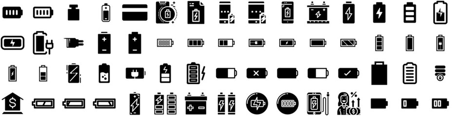 Set Of Charge Icons Isolated Silhouette Solid Icon With Technology, Charger, Energy, Electric, Power, Vehicle, Battery Infographic Simple Vector Illustration Logo