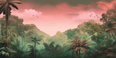 Tropical jungle with pastel sky 