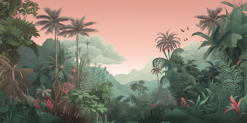 Tropical jungle with pastel sky 