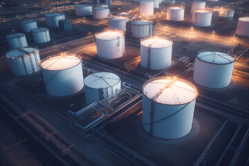 Aerial view of petrochemical tanks at an oil refinery at dusk. Oil terminal with tanks and pipes for oil storage. Generative AI