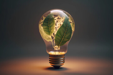 Green Energy - a light bulb filled up with leaves inside it