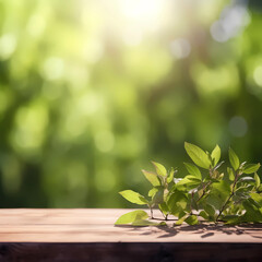 green herb leaves on a wooden table with a bokeh backdrop