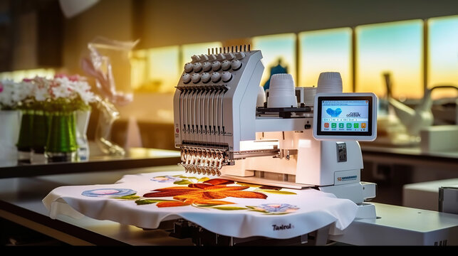 Automatic embroidery machine. Digital textile industry. Generative Ai
