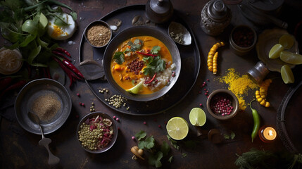 Fototapeta na wymiar indian food - a bowl of curry with various ingredients on a black background