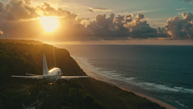 Happy people meet new day on the wing airplane jet on background nature landscape with tropical beach. Motivation, Travel and Success concept. 4K Aerial view