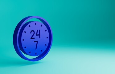 Blue Clock 24 hours icon isolated on blue background. All day cyclic icon. 24 hours service symbol. Minimalism concept. 3D render illustration