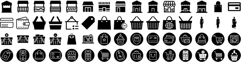 Set Of Shopping Icons Isolated Silhouette Solid Icon With Discount, Business, Sale, Store, Buy, Shop, Banner Infographic Simple Vector Illustration Logo