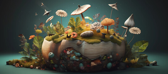 mushroom planet landscape with mushrooms and some greenery abstract