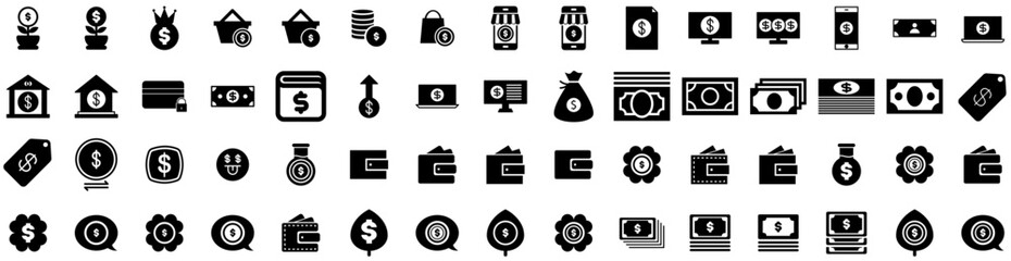 Set Of Dollar Icons Isolated Silhouette Solid Icon With Dollar, Bank, Finance, Business, Banking, Currency, Money Infographic Simple Vector Illustration Logo