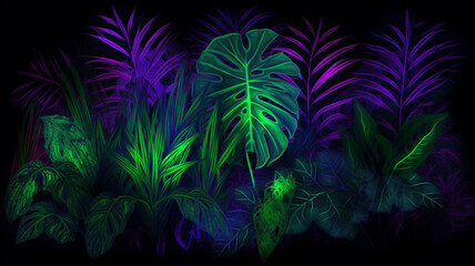 Fototapeta na wymiar Tropical plants with neon glow
