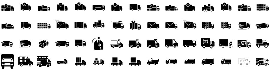Set Of Truck Icons Isolated Silhouette Solid Icon With Shipping, Truck, Freight, Transport, Cargo, Transportation, Delivery Infographic Simple Vector Illustration Logo
