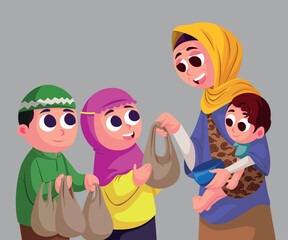 illustration of Muslim children giving zakat to an old beggar woman. sharing with others in the month of Ramadan