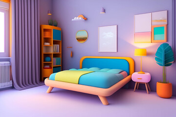 Interior illustration of modern children's bedroom style. Minimalist design with miniature interior for a child's bedroom made of cloth and wool yarn. generative AI
