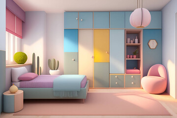 Interior illustration of modern children's bedroom style. Minimalist design with miniature interior for a child's bedroom made of cloth and wool yarn. generative AI