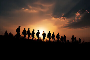 silhouettes of people walking on a hill overlooking a sunset