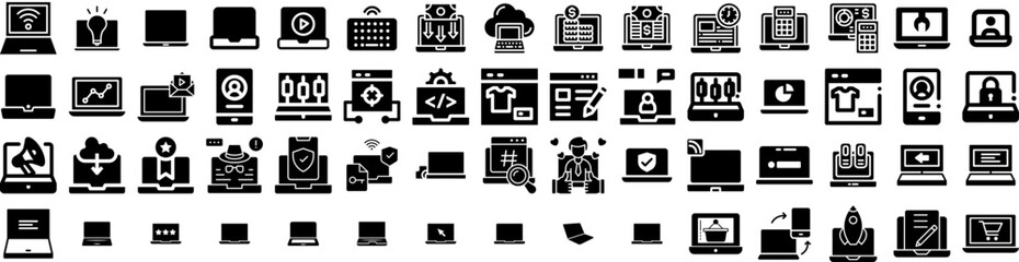 Set Of Laptop Icons Isolated Silhouette Solid Icon With Computer, Screen, Design, Technology, Notebook, Isolated, Laptop Infographic Simple Vector Illustration Logo