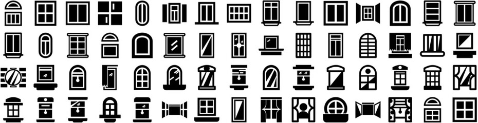 Set Of Window Icons Isolated Silhouette Solid Icon With House, Design, Glass, Frame, Window, View, White Infographic Simple Vector Illustration Logo