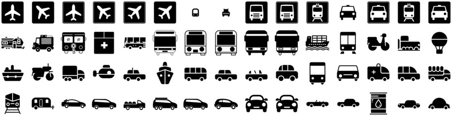 Set Of Transportation Icons Isolated Silhouette Solid Icon With Ship, Transport, Transportation, Plane, Cargo, Traffic, Truck Infographic Simple Vector Illustration Logo